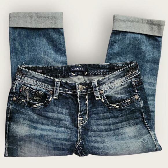 Vigoss Dallas Capris Juniors Sz 7 Blue Denim Embroidered Heritage Fit Studded - Picture 2 of 10